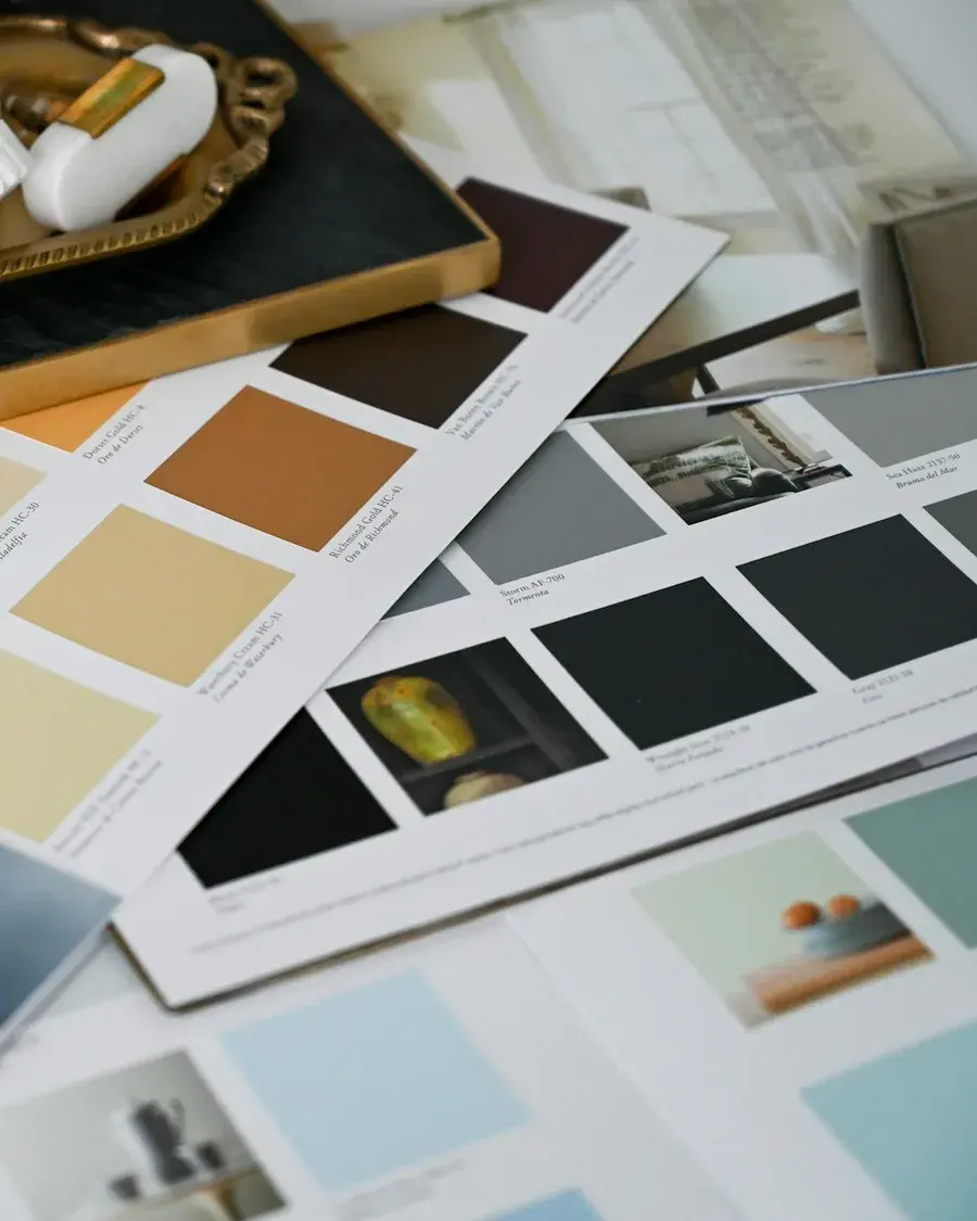 Nestora Interiors designer reviewing material samples at the studio in Narsingi, Hyderabad