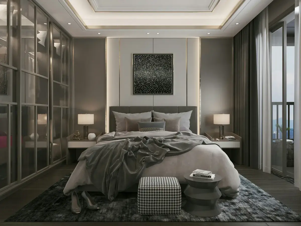 Master bedroom interior with panelled headboard and cove lit false ceiling in Kokapet, Hyderabad