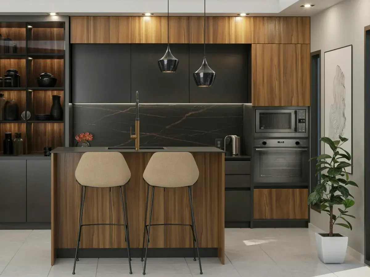 Modular kitchen with walnut finish island and graphite cabinetry in Gachibowli, Hyderabad